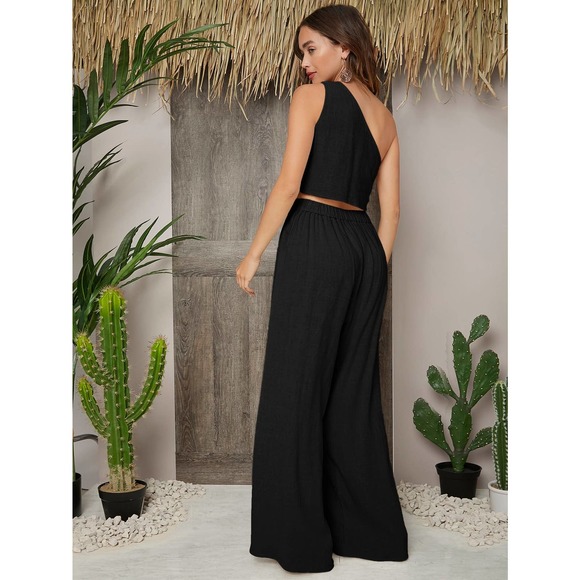 2 piece set: One Shoulder Crop Top & Palazzo Belted wide leg Pants Set black - Picture 3 of 6